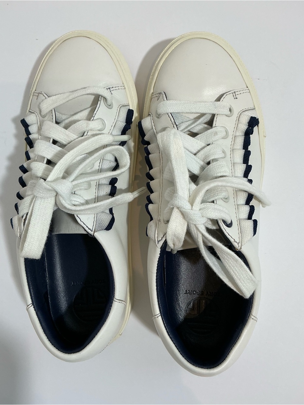 Tory Burch White Leather Sneakers with Navy Accents